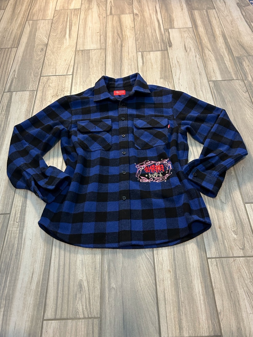 Shacket Blue Black Plaid Flannel Red Logo Tag Embroidered Logo M